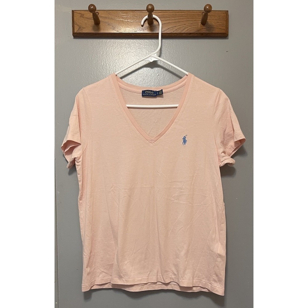 Polo Ralph Lauren Women's V-Neck T-Shirt Pink Short Sleeve Pony Logo Cotton Sz L